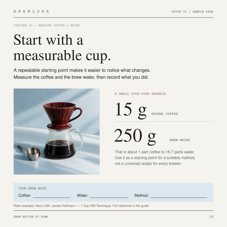 Sample page explaining a measured pour-over starting ratio with a brew-note exercise.