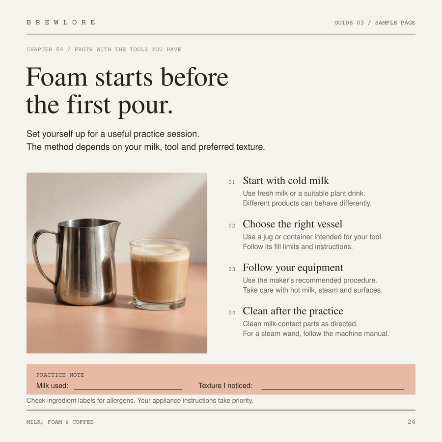 Sample page with four preparation checks for milk-frothing practice and a note field.
