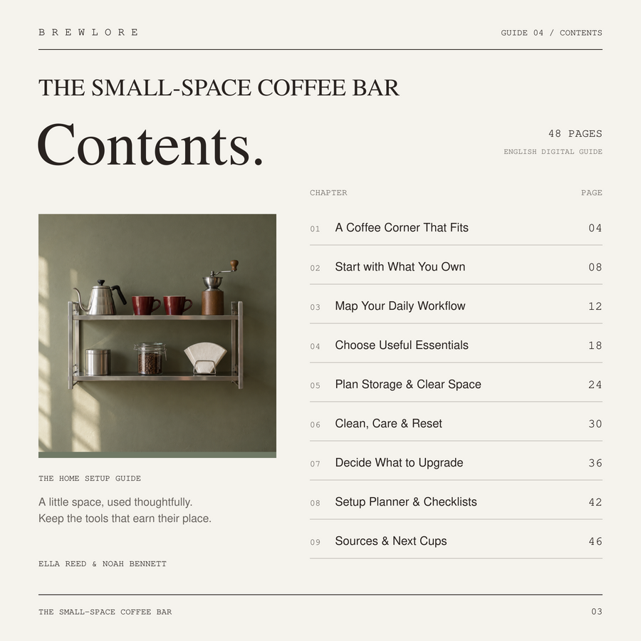 Contents design for The Small-Space Coffee Bar, showing chapter page numbers.